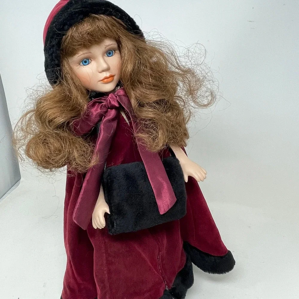 Vintage Porcelain Collector Doll 16 in Burgundy Velvet Hooded Cloak Winter Muff